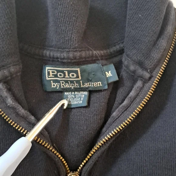 POLO RALPH LAUREN Navy Blue 1/4 Zip 100% Cotton Size M Sweater - Picture 6 of 8